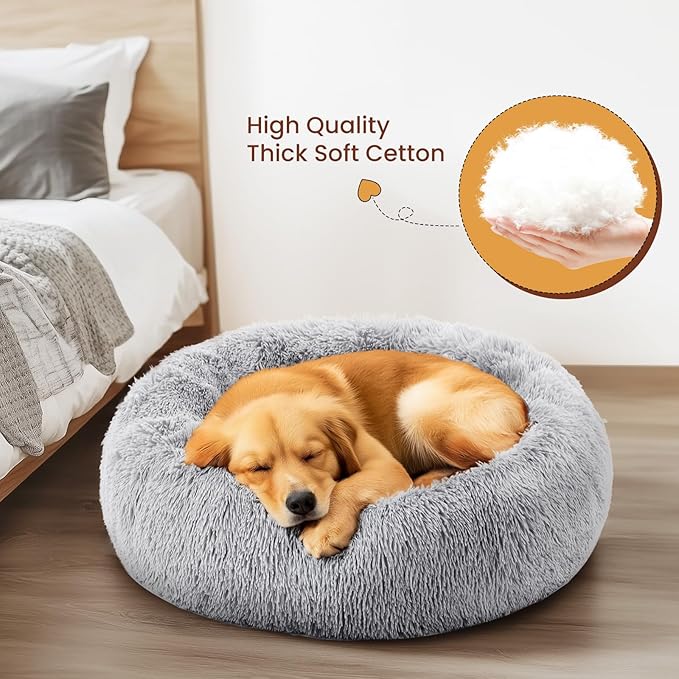 DUMOS Calming Donut Cat & Dog Bed for Medium Dogs, Machine Washable Cuddle Warming Cozy Fluffy Faux Fur Plush Round Dog Bed, Anti-Anxiety Waterproof Anti-Slip Pet Bed, Grey, 24×24×8 Inches image 4
