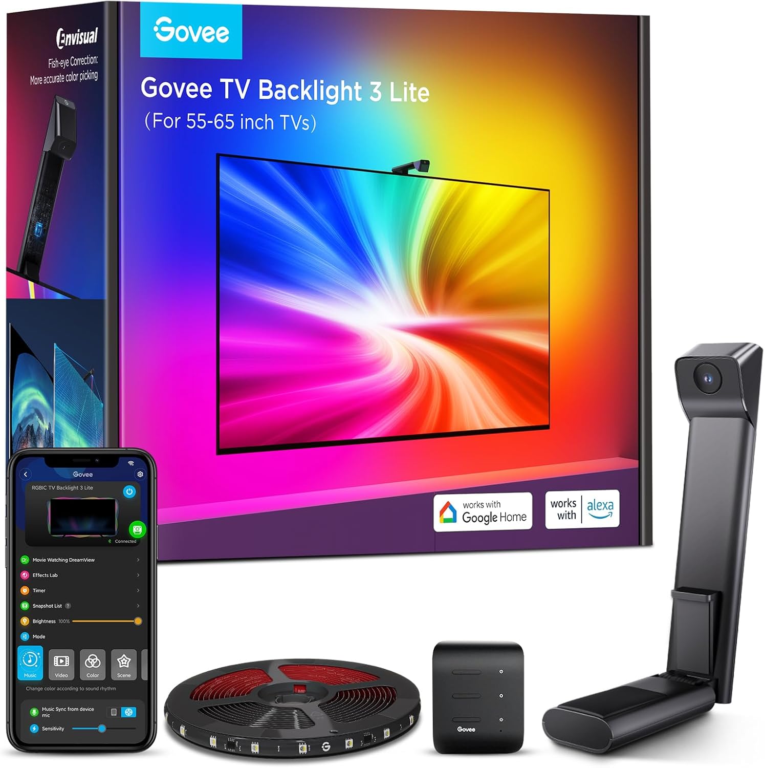 Govee TV Backlight 3 Lite with Fish-Eye Correction Function Sync to 55-65 Inch TVs, 11.8ft RGBICW Wi-Fi LED Strip Lights with Camera, 4 Colors in 1 Lamp Bead, Voice and APP Control, Adapter image 1