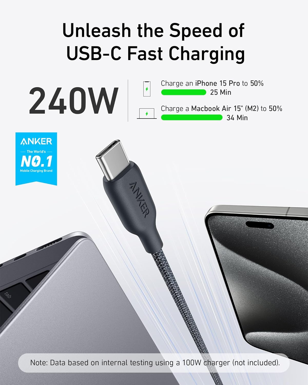 Anker USB C Cable, 240W Bio-Braided Type C Fast Charge Cord for iPhone 16/16 Pro, MacBook Pro 2020, iPad Pro,and More(USB 2.0, 10FT, Phantom Black) image 2