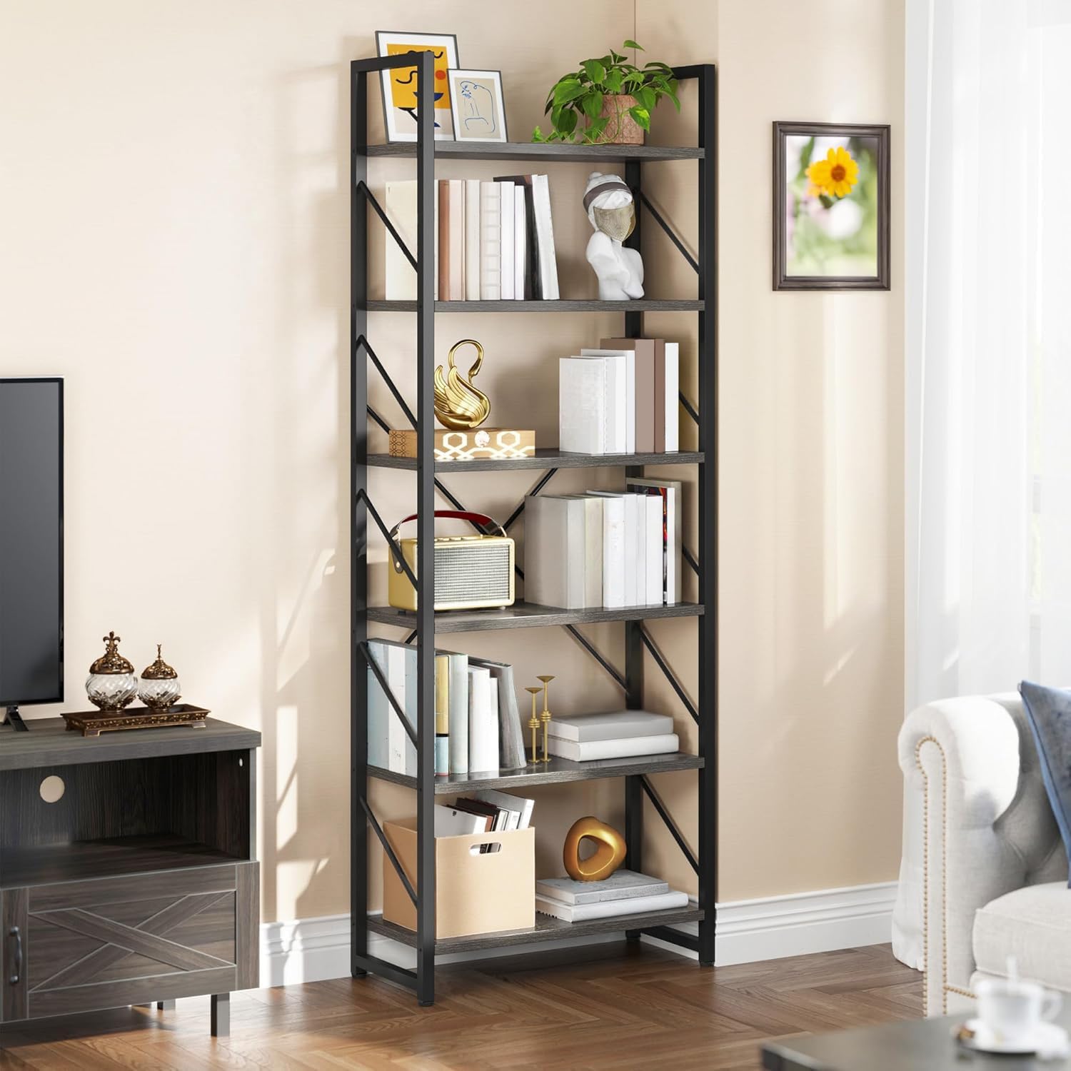 YITAHOME Tall Bookshelf Antique Book Shelf 6 Tier Bookcase, Open Display Storage Rack Shelves for Living Room/Bedroom/Home/Office/Kitchen, Holder Organizer for Books/Movies, Charcoal Gray + Black image 3
