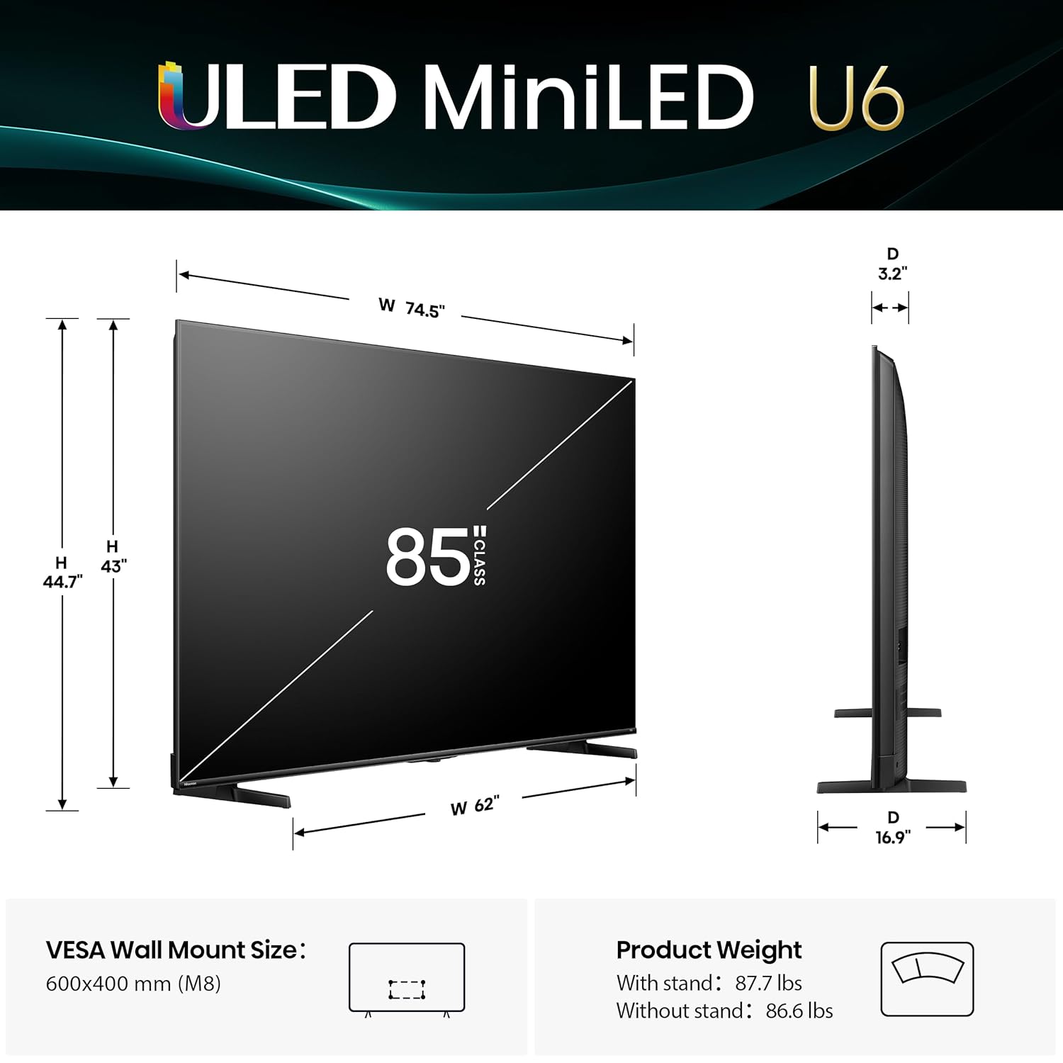 Hisense 85" Class U6 Series Mini-LED 4K UHD Smart Fire TV (85U65QF, 2025 Model) - QLED, Native 144Hz, HDR10+, Dolby Vision IQ, Dolby Atmos, Game Mode Pro, ALLM, Alexa Built in, Black image 2