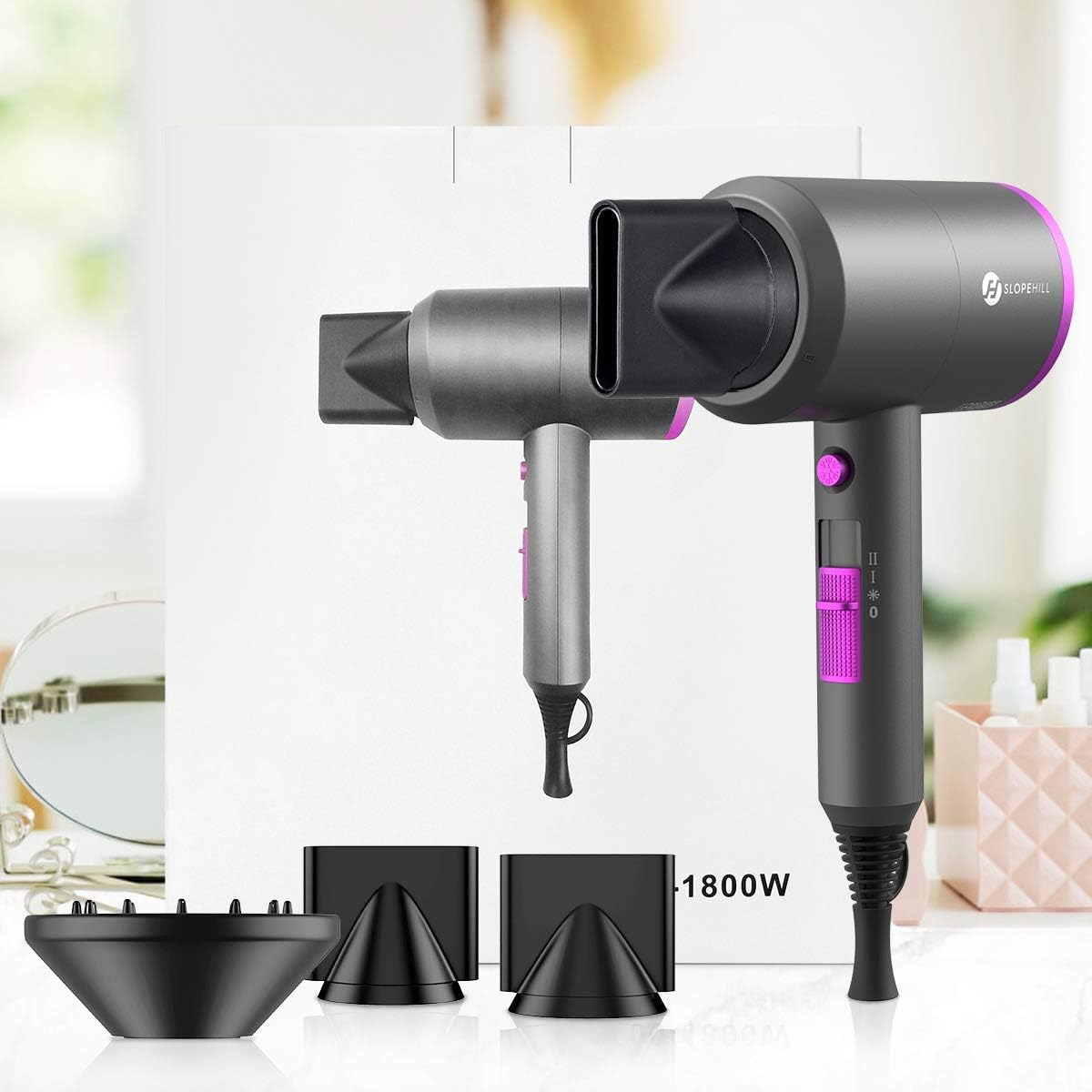 slopehill Professional Ionic Hair Dryer, Powerful 1800W Fast Drying Low Noise Blow Dryer with 2 Concentrator Nozzle 1 Diffuser Attachments for Home Salon Travel image 8
