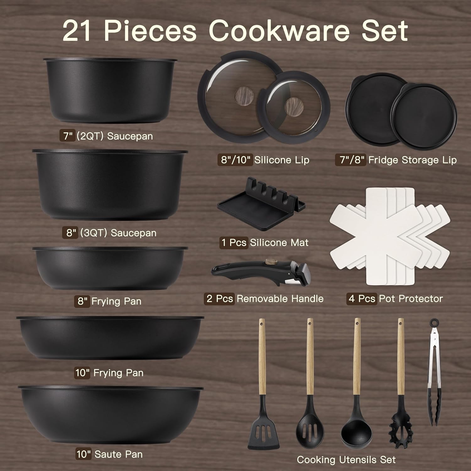Astercook 21 Pcs Pots and Pans Set Non Stick, Ceramic Cookware Set Detachable Handle, RV Kitchen Cooking Set Removable Handles, Oven Safe, Induction Ready, Stackable Non-stick Set, Black image 9