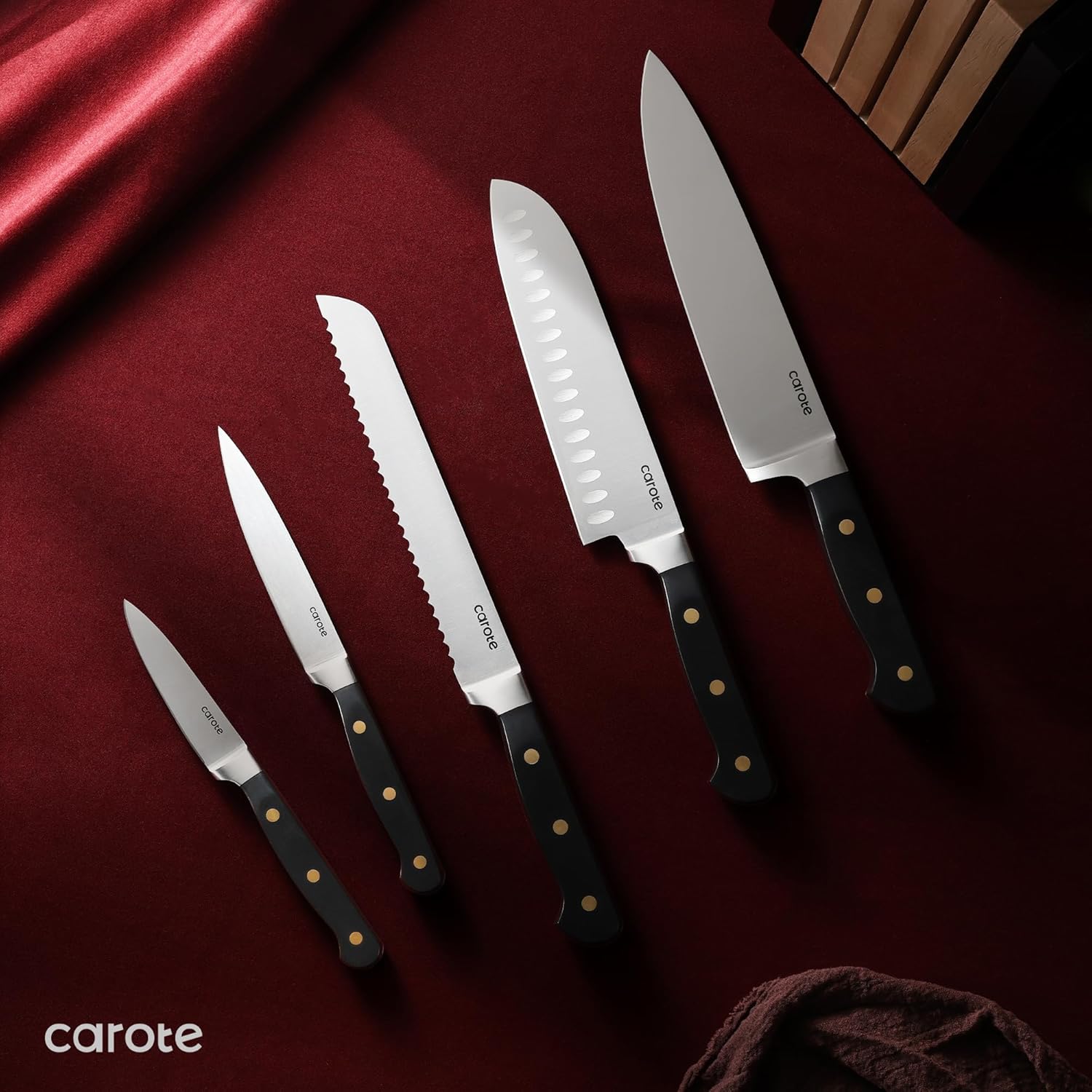 CAROTE 11 Pieces Knife Set with Block for kitchen, Stainless Steel Razor-Sharp Blade, Triple Riveted Ergonomic Handle, Wooden Magnetic Block, Essential Knife Block Set, Black image 6