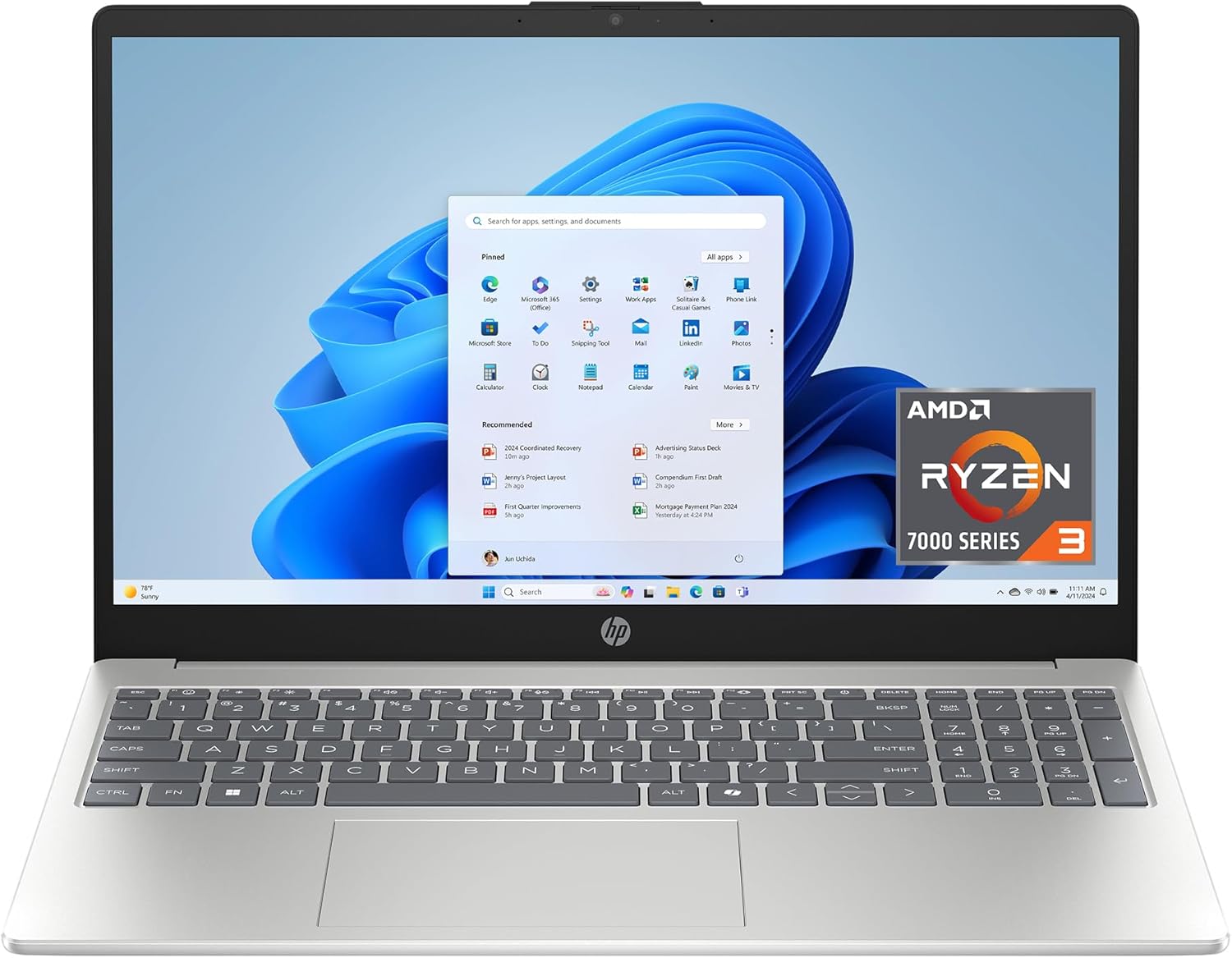 HP 15.6 inch Laptop, HD Touchscreen Display, AMD Ryzen 3 7320U, 8 GB RAM, 256 GB SSD, AMD Radeon Graphics, Windows 11 Home, Natural Silver, 15-fc0399nr image 1
