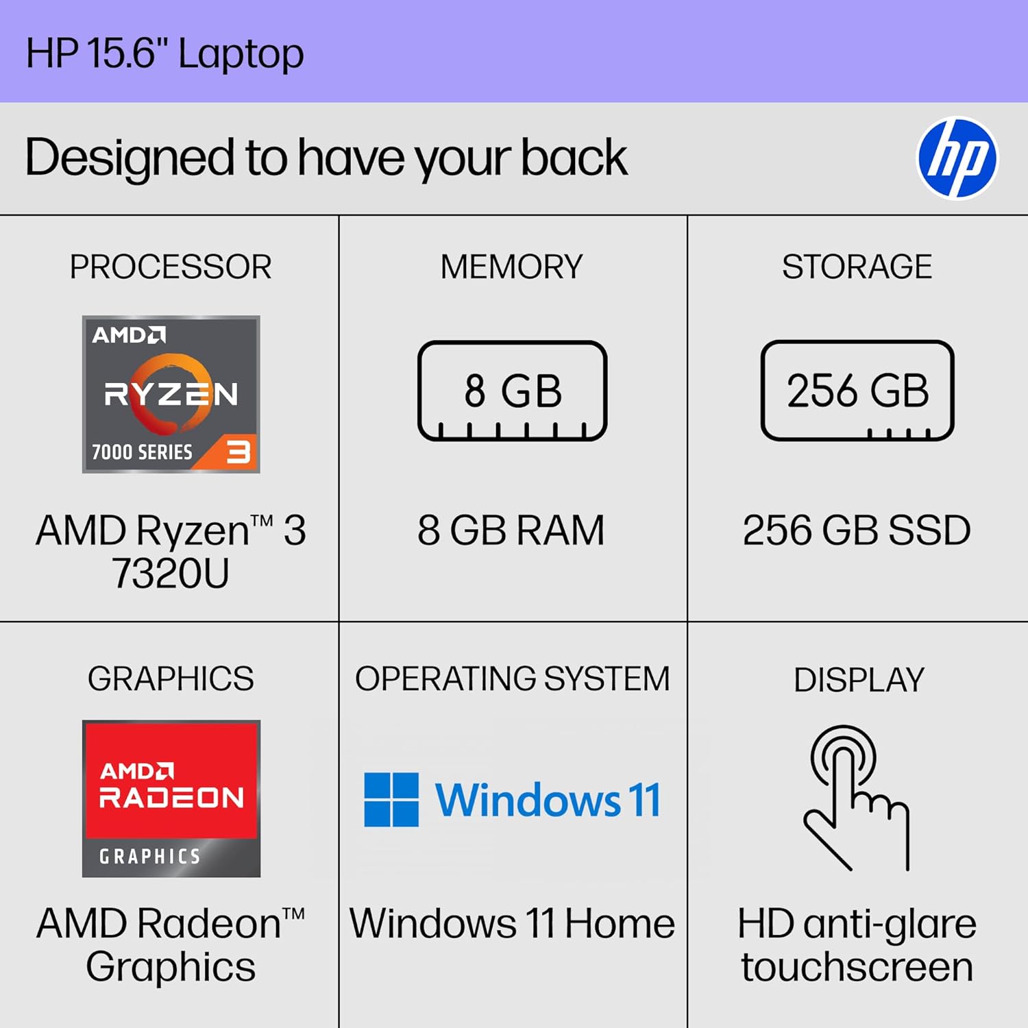 HP 15.6 inch Laptop, HD Touchscreen Display, AMD Ryzen 3 7320U, 8 GB RAM, 256 GB SSD, AMD Radeon Graphics, Windows 11 Home, Natural Silver, 15-fc0399nr image 2