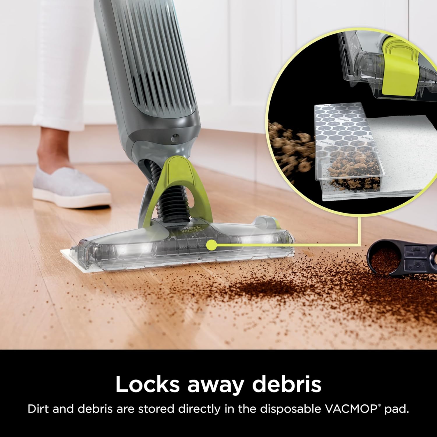Shark VACMOP Cordless Hard Floor Cleaner, Vacuum and Spray Mop, Powerful Suction, Lightweight, LED Headlights, Includes 4 Disposable Pads, 12oz Multi-surface Cleaning Solution, Gray, VM252 image 4