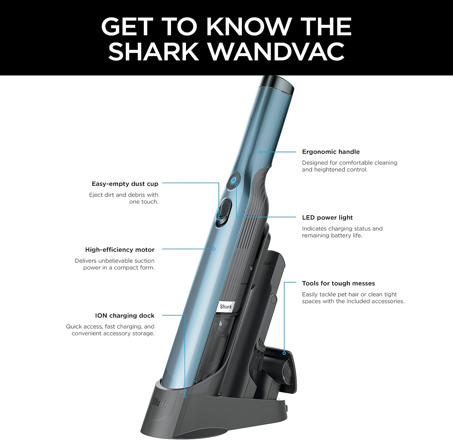 Shark WV201BLBRN WANDVAC Cordless Hand Vac, Lightweight and Portable at 1.4 lbs. with Powerful Suction, Charging Dock, One-Touch Empty for Car & Home, Cove Blue image 13