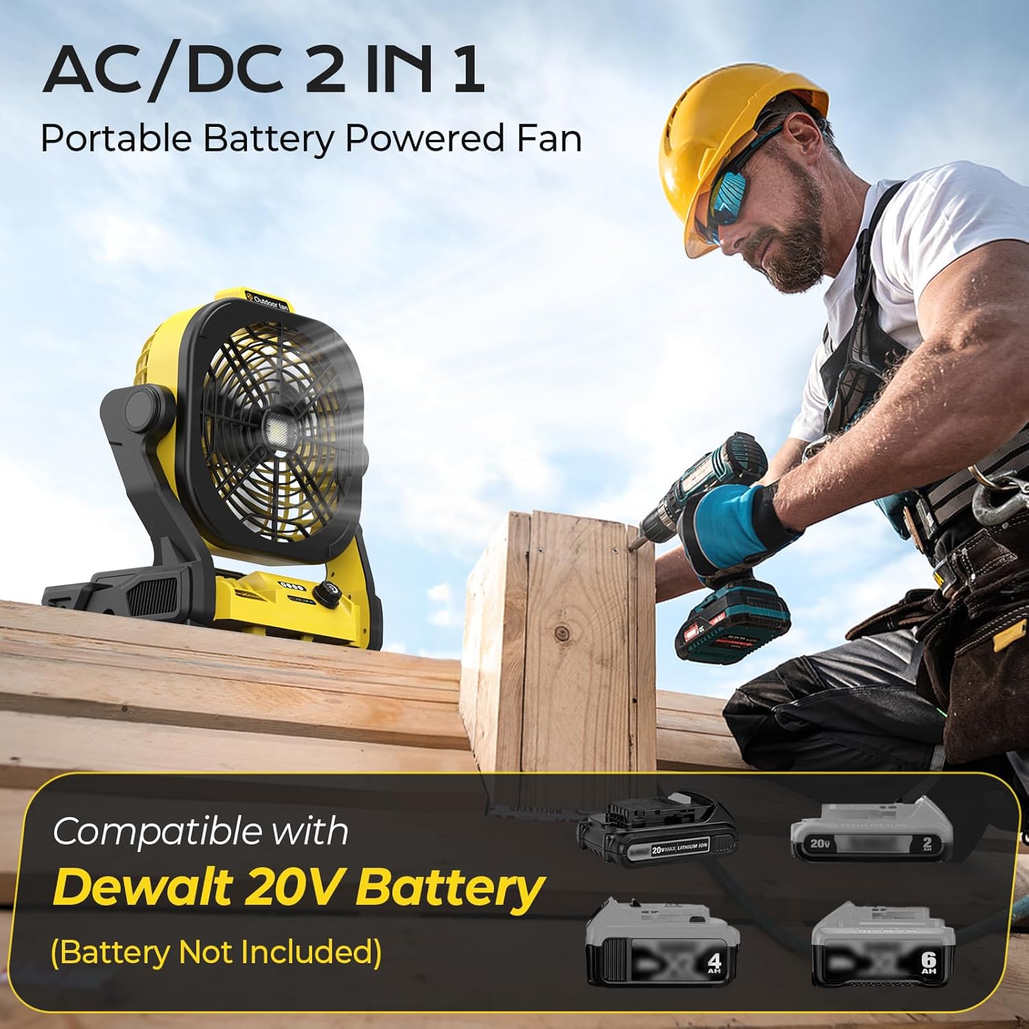 Battery Operated Fan for Dewalt 20V Max battery, Portable Fan with AC Adapter & LED Lights, 4 Speeds & Hook, Cordless/Camping/Battery Powered fan, for Outdoor Jobsite (Battery Not Included) image 2