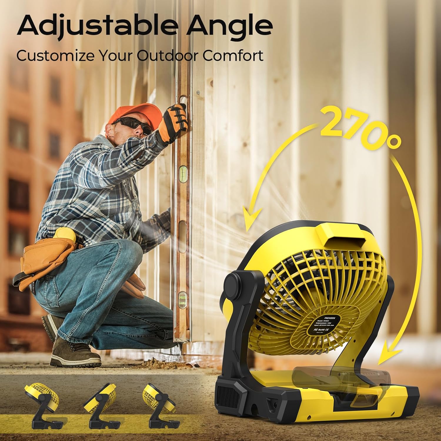 Battery Operated Fan for Dewalt 20V Max battery, Portable Fan with AC Adapter & LED Lights, 4 Speeds & Hook, Cordless/Camping/Battery Powered fan, for Outdoor Jobsite (Battery Not Included) image 4