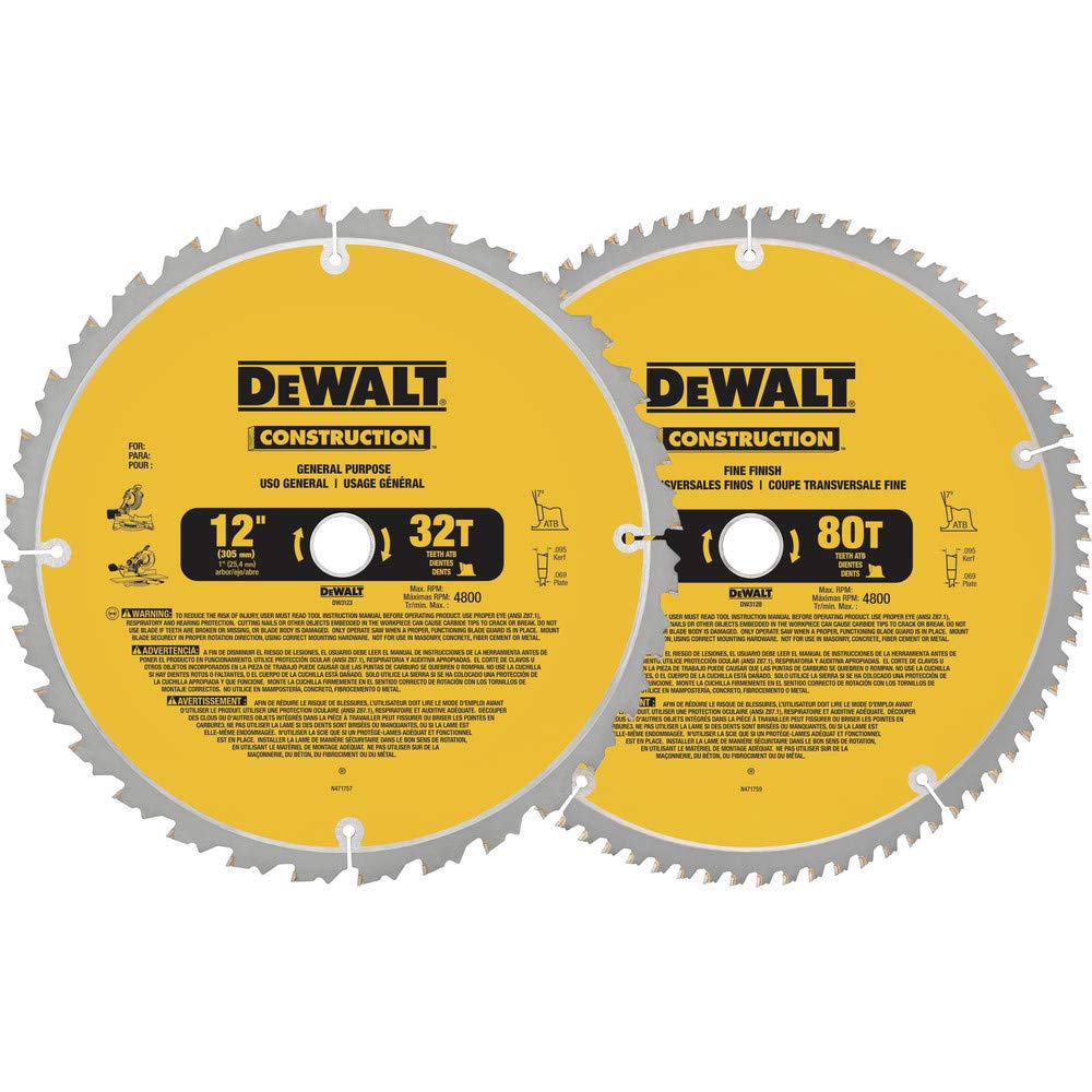 DEWALT 12-Inch Miter Saw Blade, Crosscutting, Tungsten Carbide, 80-Tooth and 32-Tooth, 2-Pack (DW3128P5, DW3123), yellow image 1