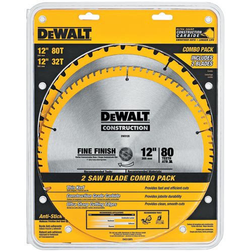 DEWALT 12-Inch Miter Saw Blade, Crosscutting, Tungsten Carbide, 80-Tooth and 32-Tooth, 2-Pack (DW3128P5, DW3123), yellow image 2