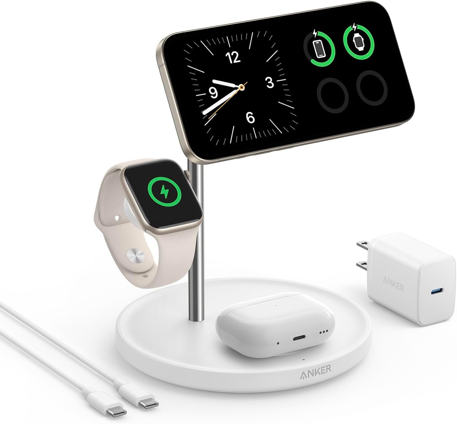 Anker MagSafe Charger Stand, iPhone 17 Wireless Charging Station, MagGo 3 in 1 Charging Station, Qi2 Certified 15W Wireless Charger, Desk Accessory, for iPhone 17/16/15/14/13/12, Apple Watch, AirPods image 1