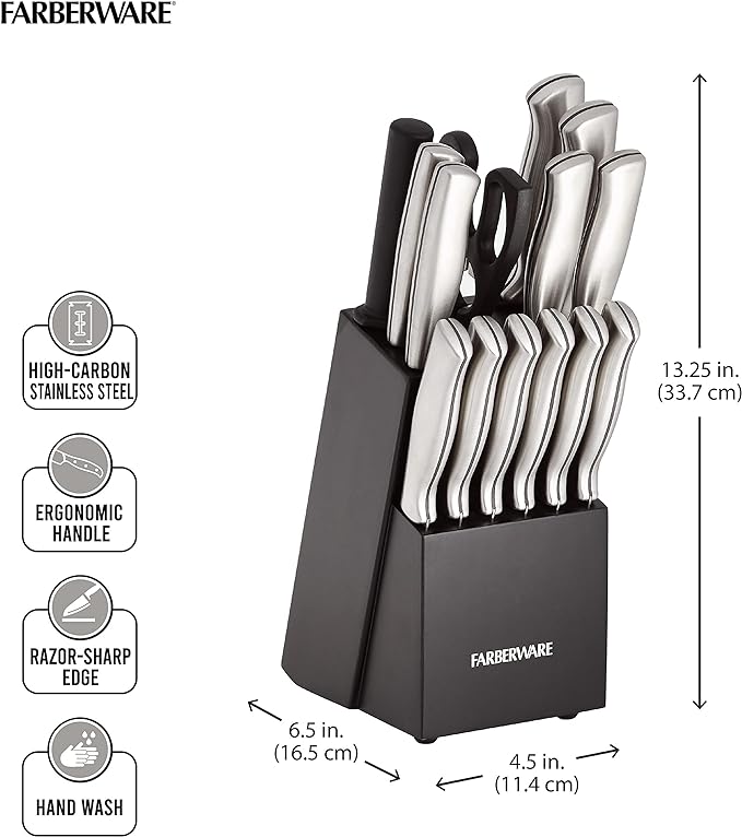 FARBERWARE 15-Piece Kitchen Knife Set with High-Carbon Stainless Steel Blades, Black Handles, Steak Knives, Wood Block, Razor Sharp and Ergonomic image 2