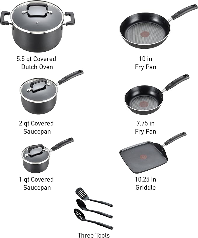 T-fal Signature Nonstick Cookware Set 12 Piece, Oven Broiler Safe 350F, Pots and Pans, Kitchen Cooking Set w/Fry Pans, Saucepans, Saute Pan, Dutch Oven, Griddle, Kitchen, Home, Dishwasher Safe, Black image 2