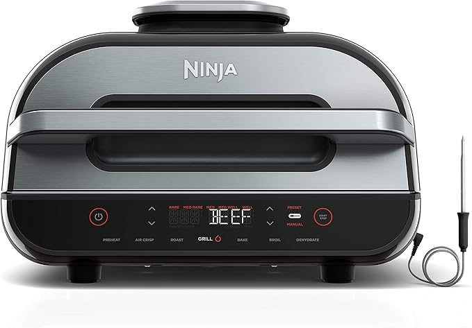 Ninja | Indoor Grill and Air Fryer| Foodi Smart XL | 6-in-1 Grill, Air Fry, Roast, Bake, Broil, Dehydrate & Crisp |Smart Thermometer & Splatter Shield | Dishwasher Safe Parts | Black/Silver | FG551 image 1