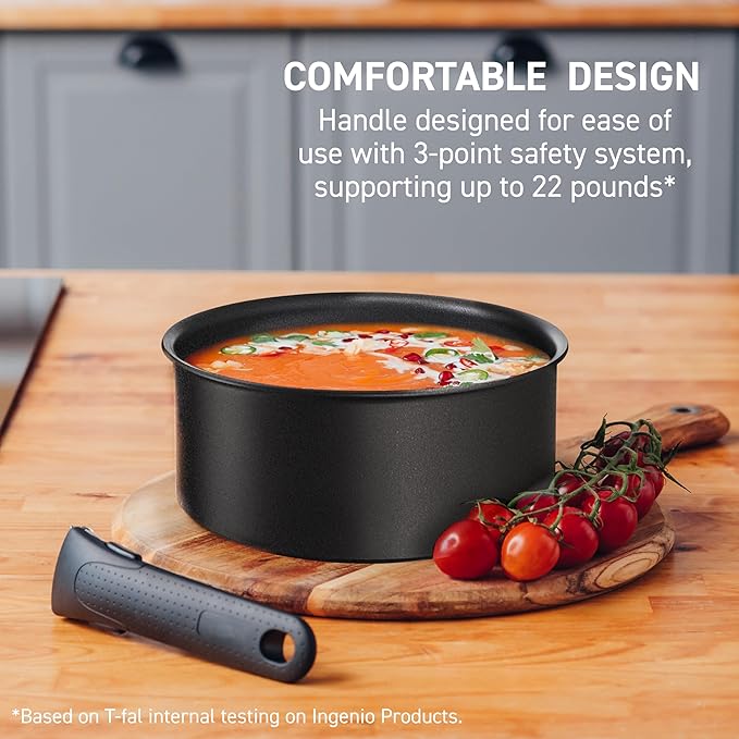 T-fal Ingenio Expertise Non Stick Cookware Set 14 Piece, Induction Oven Broiler Safe 500F, Detachable/Removable Handle, Kitchen, Pots and Pans, RV, Camping, Fry Pans, Saucepans, Dishwasher Safe Black image 5