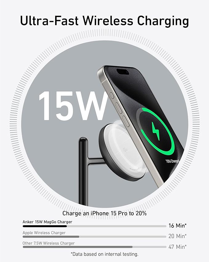 Anker MagSafe Charger Stand Compatible, iPhone 17 MagGo 3 in 1 Wireless Charging Station,Qi2 Certified 15W Wireless Charger, Desk Accessory, for iPhone 15/14/13/12 Series Apple Watch, AirPods image 2