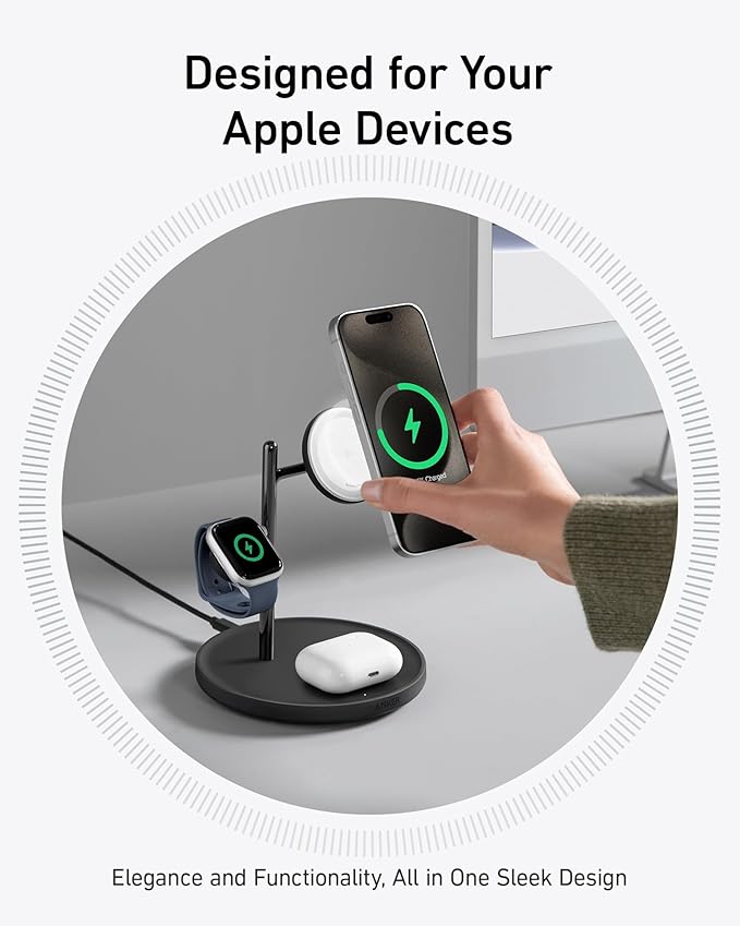 Anker MagSafe Charger Stand Compatible, iPhone 17 MagGo 3 in 1 Wireless Charging Station,Qi2 Certified 15W Wireless Charger, Desk Accessory, for iPhone 15/14/13/12 Series Apple Watch, AirPods image 3
