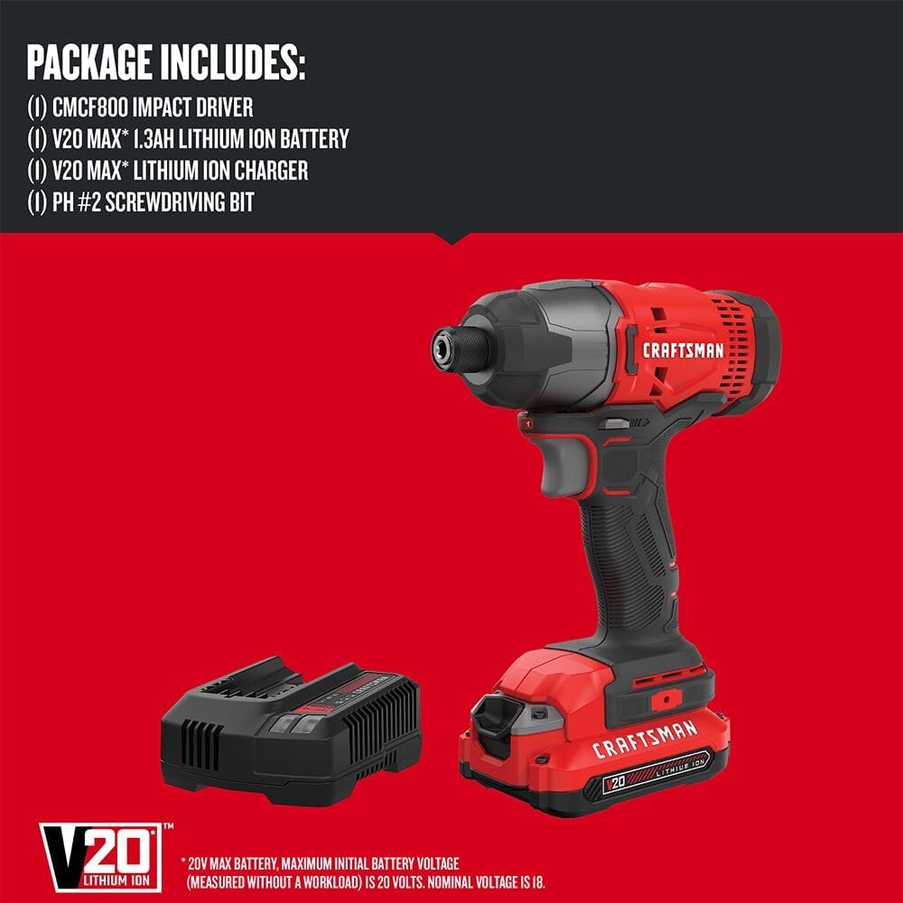 CRAFTSMAN 20V MAX Impact Driver Kit, 1/4 Inch, 2,800 RPM, LED Work light, Battery and Charger Included (CMCF800C1) image 3