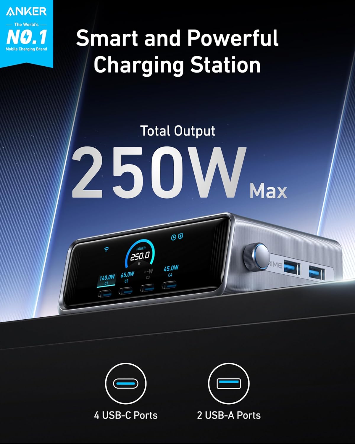 Anker Prime Charger, 250W GaN Prime USB C Charging Station, Ultra-Fast 6-Port, 2.26" LCD Display and Smart Control Dial, Compatible with MacBook Pro/Air, iPhone 16/15/14, Galaxy, and More (Silver) image 2