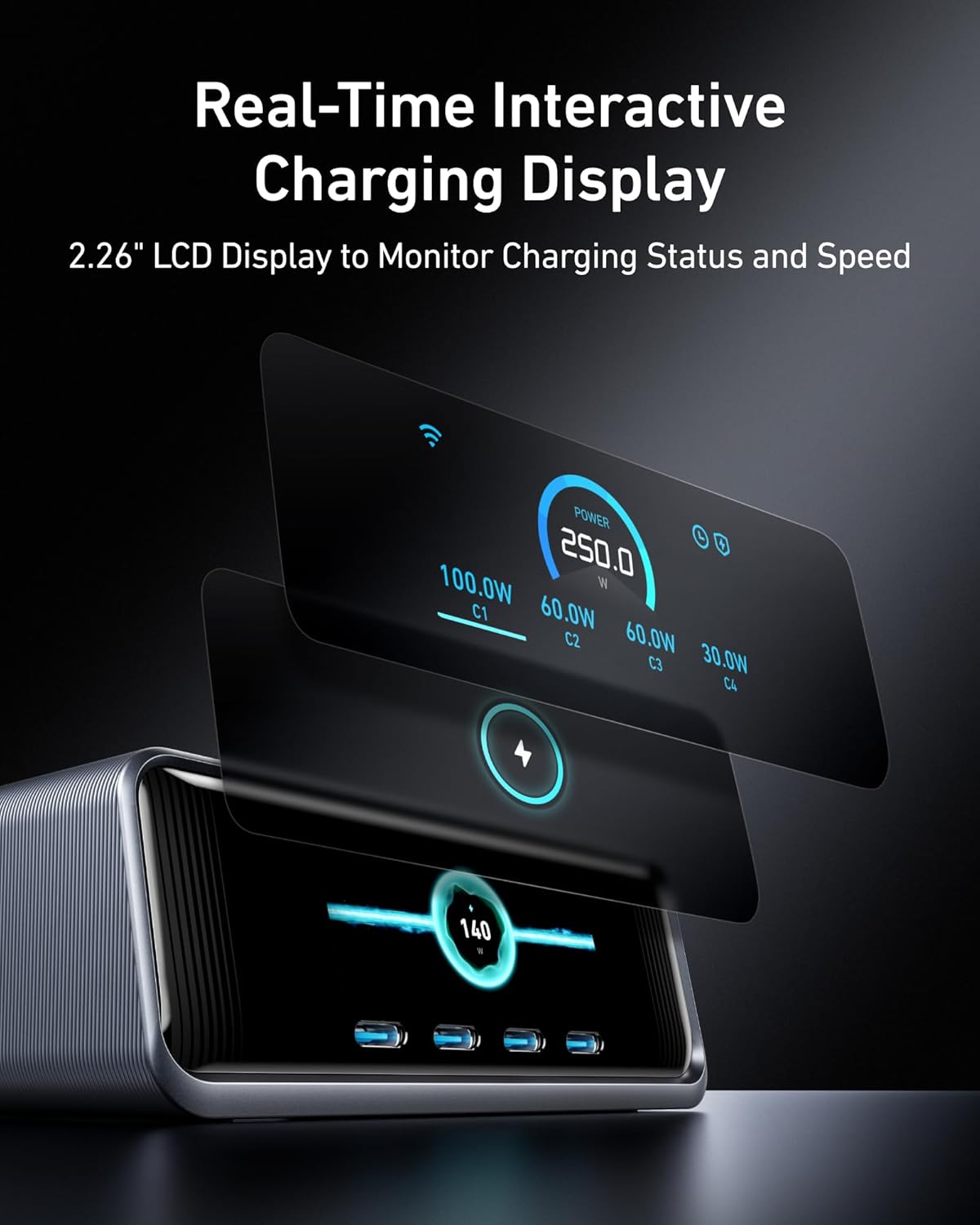 Anker Prime Charger, 250W GaN Prime USB C Charging Station, Ultra-Fast 6-Port, 2.26" LCD Display and Smart Control Dial, Compatible with MacBook Pro/Air, iPhone 16/15/14, Galaxy, and More (Silver) image 3