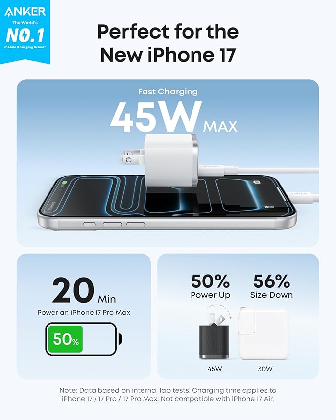 Anker Nano 45W Type C Charger Fast Charging, Compact and Foldable Plug USB C Charger Block for iPhone 17/16 Series, MacBook, Pixel 9, iPad, Samsung Galaxy S25 Ultra / S24 Series (6 ft Cable Included) image 2
