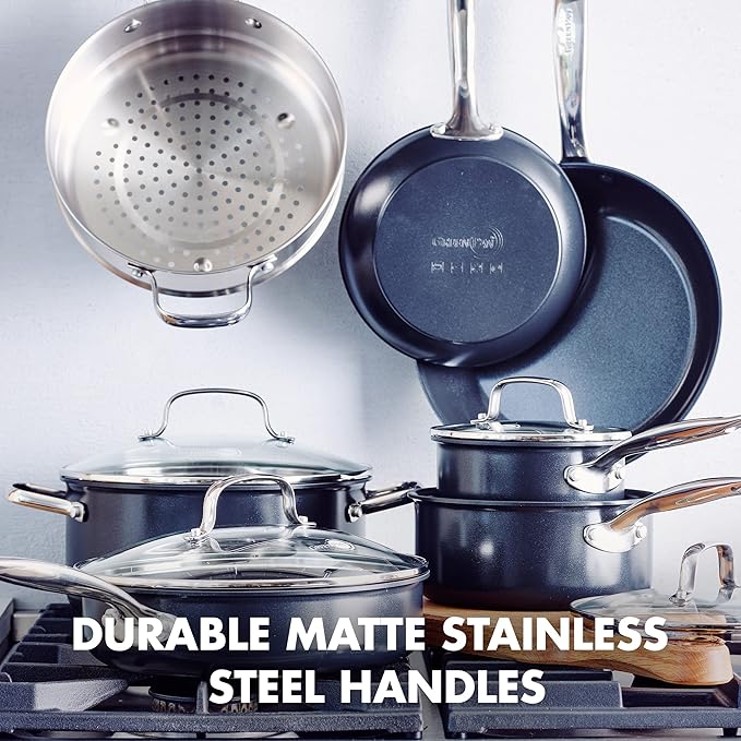 GreenPan Chatham Black Prime Midnight Hard Anodized Healthy Ceramic Nonstick 11 Piece Cookware Pots and Pans Set, PFAS-Free, Dishwasher Safe, Oven Safe, Black image 3