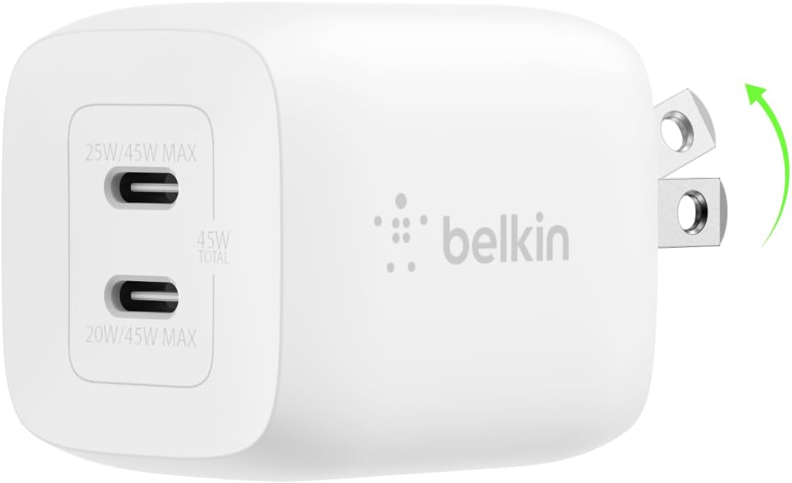 Belkin 45W Dual USB C Charger Block, Super Fast Charging PD3.0 w/ GaN Technology - Samsung Galaxy S25, Apple iPhone 17, Air, Pro, Pro Max, iPad, MacBook, AirPods, Nintendo Switch 2 & More - White image 1
