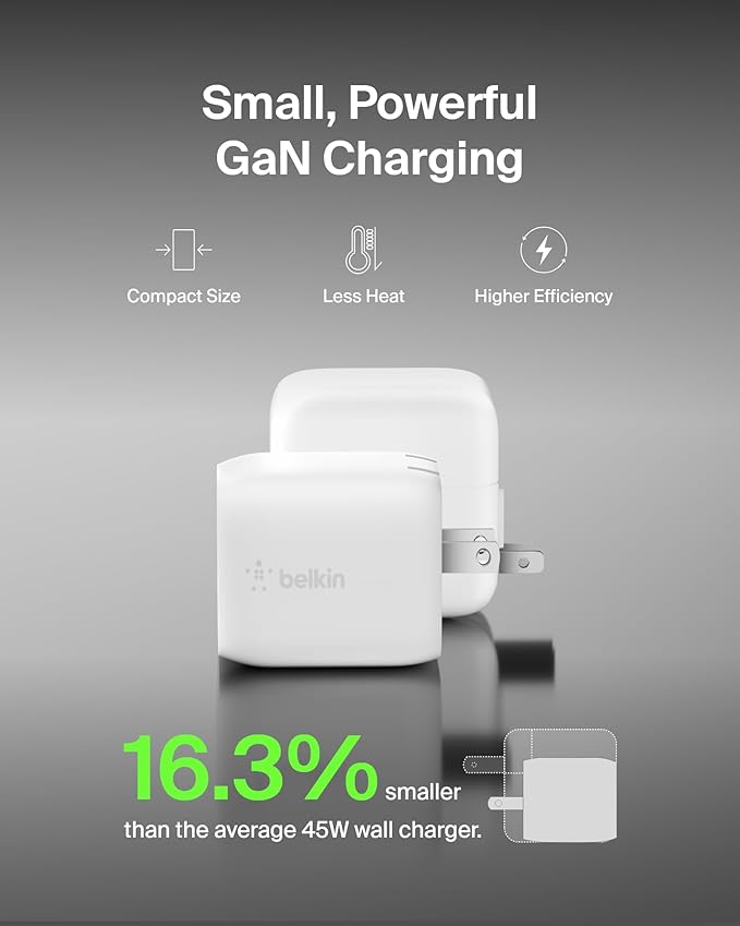 Belkin 45W Dual USB C Charger Block, Super Fast Charging PD3.0 w/ GaN Technology - Samsung Galaxy S25, Apple iPhone 17, Air, Pro, Pro Max, iPad, MacBook, AirPods, Nintendo Switch 2 & More - White image 4