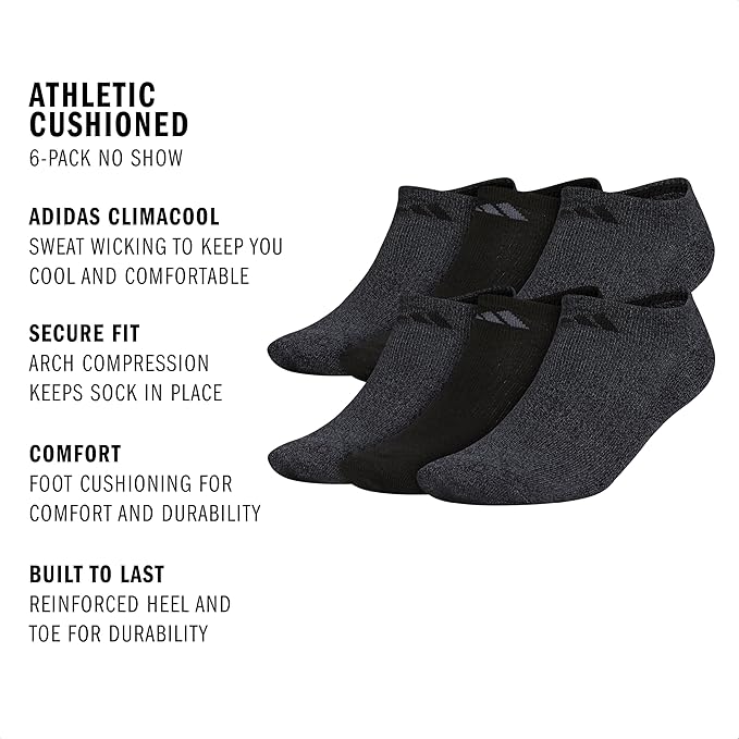 Adidas Men's Athletic Cushioned 6-Pack No Show, Socks for Men image 2