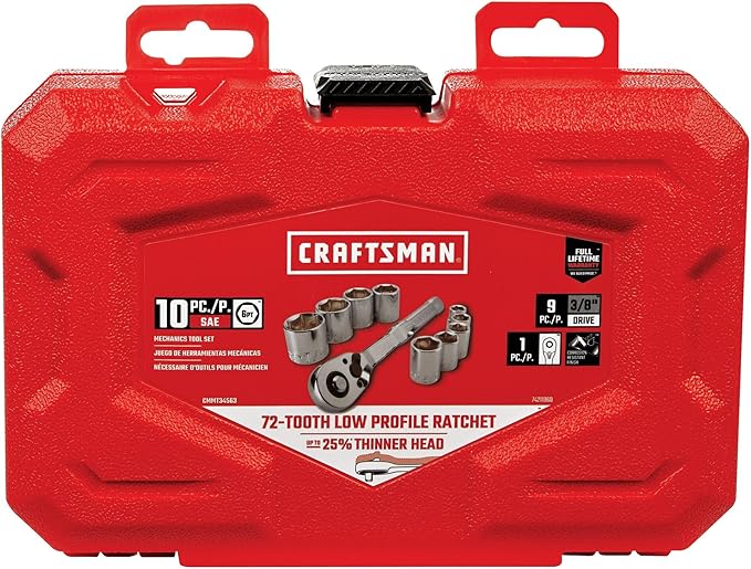 CRAFTSMAN Mechanics Tool Set with 72-tooth Low Profile Ratchet, SAE, 3/8 Inch Drive, 10 Piece (CMMT34563) image 6
