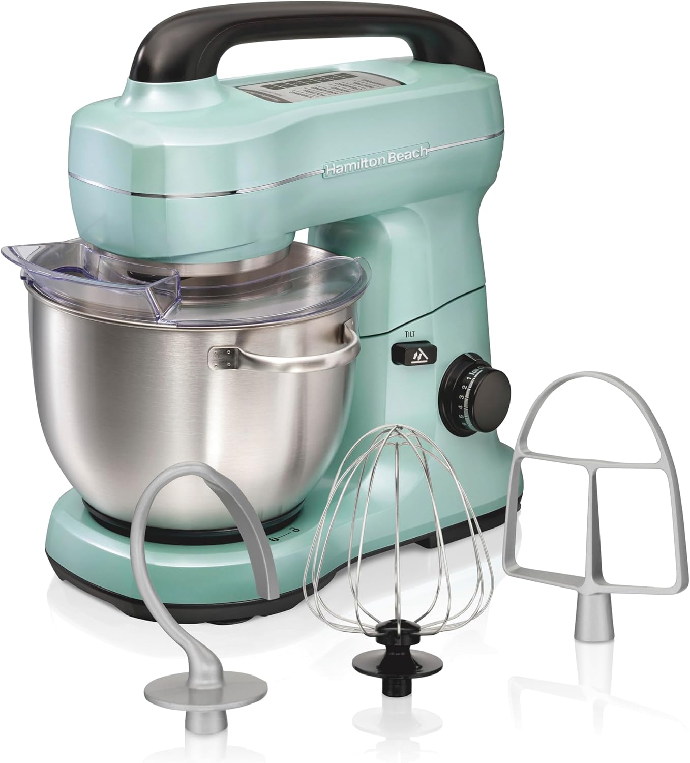 Hamilton Beach Electric Stand Mixer, 4 Quarts, Dough Hook, Flat Beater Attachments, Splash Guard, 7 Speeds with Whisk, Easy-Carry Top Handle, Aqua image 1