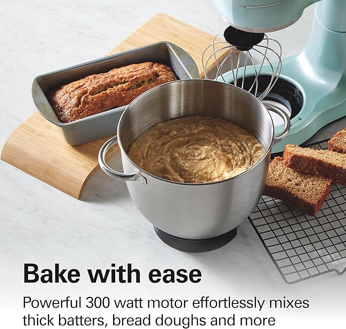 Hamilton Beach Electric Stand Mixer, 4 Quarts, Dough Hook, Flat Beater Attachments, Splash Guard, 7 Speeds with Whisk, Easy-Carry Top Handle, Aqua image 2