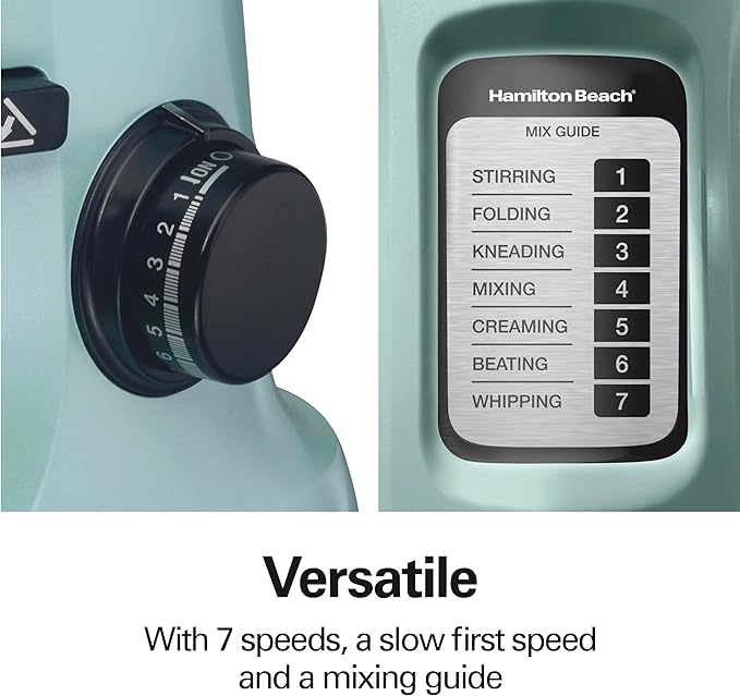 Hamilton Beach Electric Stand Mixer, 4 Quarts, Dough Hook, Flat Beater Attachments, Splash Guard, 7 Speeds with Whisk, Easy-Carry Top Handle, Aqua image 4