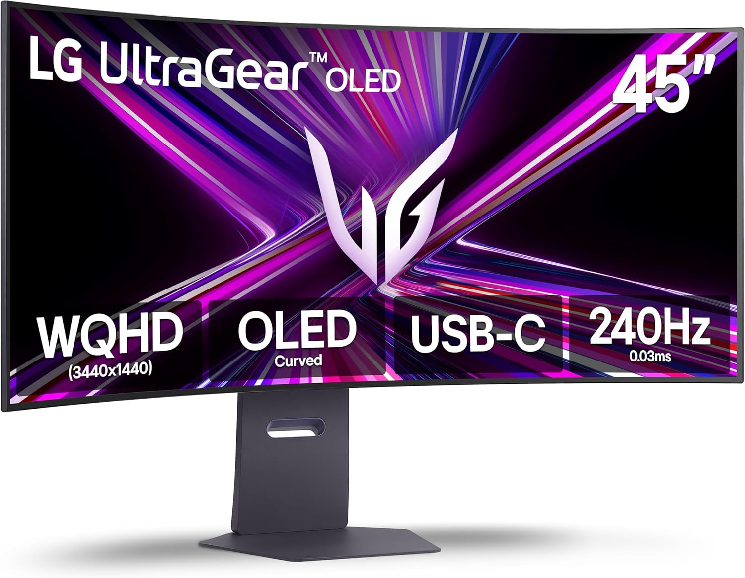 LG 45GX900A-B 45-Inch Ultragear WQHD (3440 x 1440) OLED Curved Gaming Monitor, 240Hz, 0.03ms, NVIDIA G-Sync, VESA DisplayHDR True Black 400, HDMI 2.1, DisplayPort, USB Type-C PD 65W, Black image 1