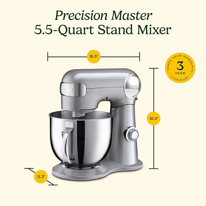 Cuisinart Stand Mixer, 12 Speeds, 5.5-Quart Mixing Bowl, Chef's Whisk, Flat Mixing Paddle, Dough Hook, and Splash Guard with Pour Spout, Silver Lining, SM-50BC, Silver Lining image 6