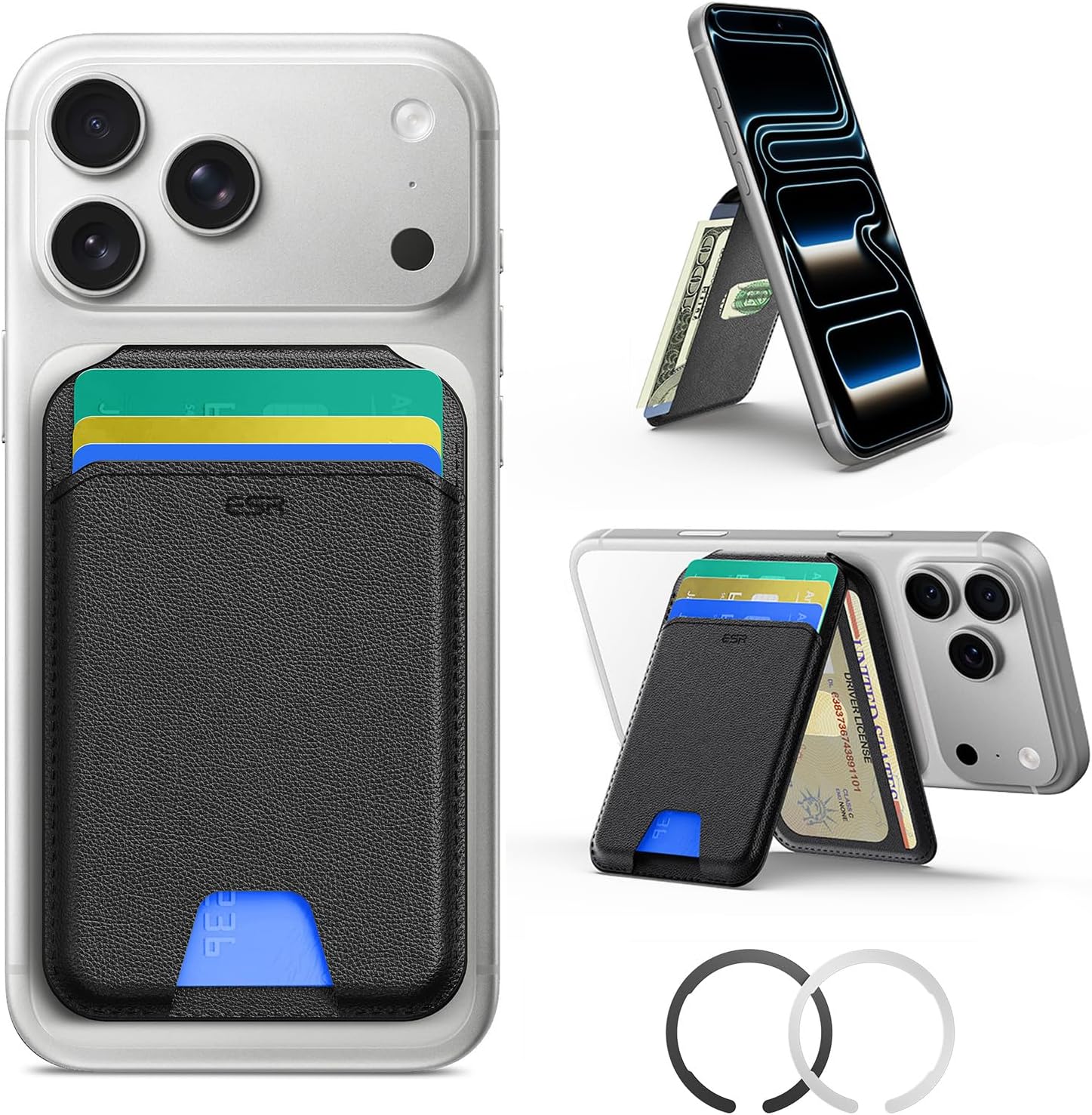 ESR for MagSafe Wallet with Stand, RFID Blocking with MagSafe Ring, 5 Card Holder for Phone Case, Slim Leather Magnetic Wallet for iPhone 17/16/15/14/13/12 Series(Not for Mini), Selected Samsung,Black image 1