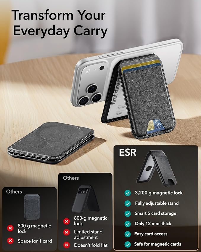 ESR for MagSafe Wallet with Stand, RFID Blocking with MagSafe Ring, 5 Card Holder for Phone Case, Slim Leather Magnetic Wallet for iPhone 17/16/15/14/13/12 Series(Not for Mini), Selected Samsung,Black image 2