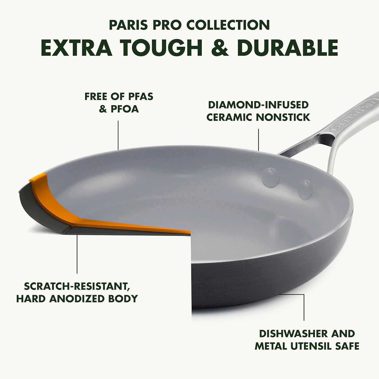 GreenPan Paris Pro Hard Anodized Healthy Ceramic Nonstick, 11 Piece Cookware Pots and Pans Set with Stainless Steel Lids, PFAS-Free, Dishwasher Safe, Grey image 6