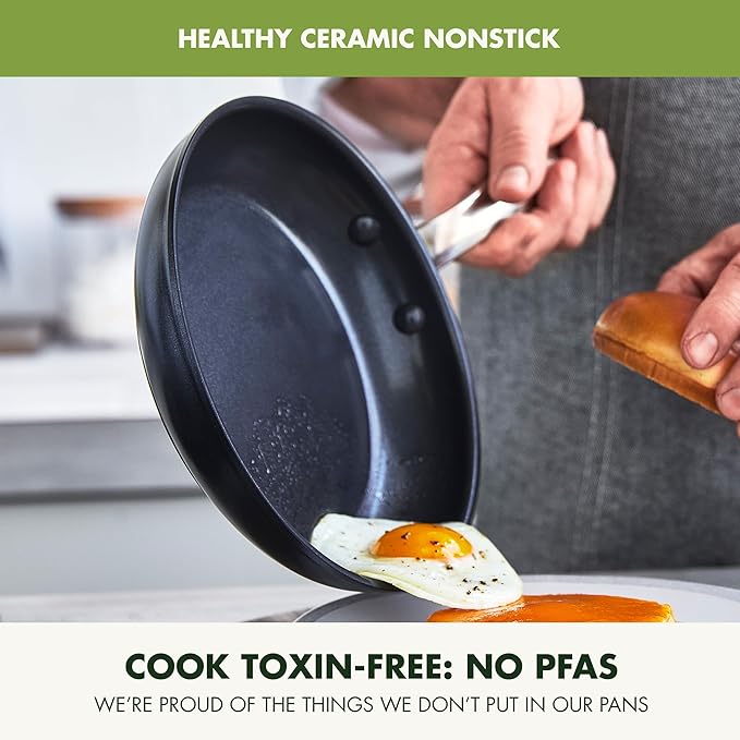 GreenPan Chatham Prime Midnight 8" and 10" Frying Pan Set, Hard Anodized Ceramic Nonstick, PFAS-Free, Dishwasher Safe, Oven Safe, Healthy Cooking Skillet for Eggs and Omelets, Black image 2