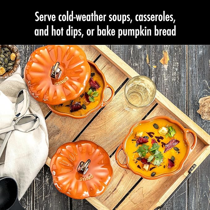STAUB 0.5-qt Petite Ceramic, Oven & Stove Safe up to 572°F, Pumpkin Dish, Baking , Candy Dish, Burnt Orange image 3