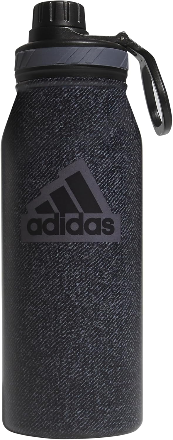Adidas 1 Liter (32 oz) Metal Water Bottle, Hot/Cold Double-Walled Insulated 18/8 Stainless Steel, Twill Black/Black/Grey Five, 32 Ounces image 1