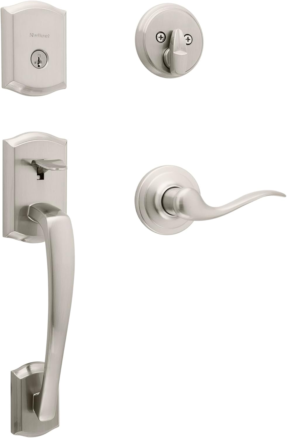 Kwikset Prescott Front Door Lock Handle and Deadbolt Set, Entry Handleset Exterior with Interior Reversible Lever, Satin Nickel, Pick Resistant SmartKey Rekey Deadbolt Security image 1