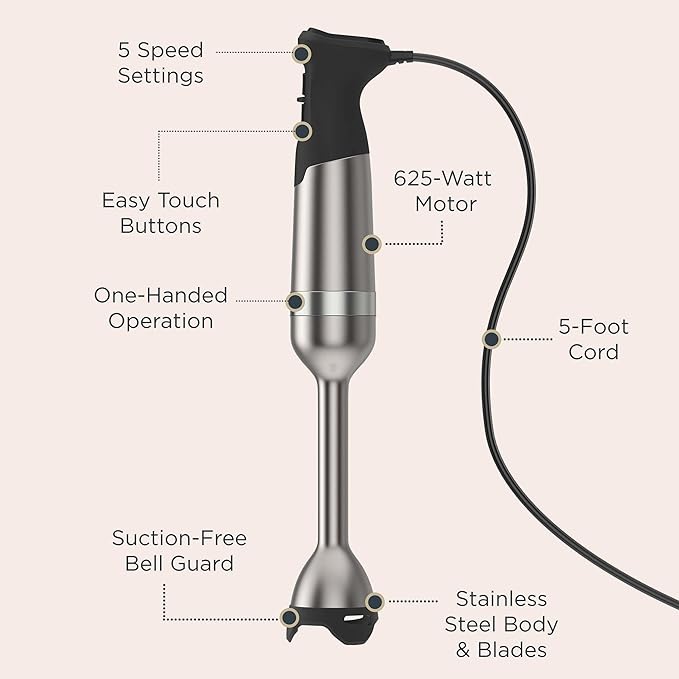 Vitamix 5-Speed Immersion Blender 5-Piece Bundle, 625-Watt Motor, One-Handed Operation, 5 ft cord, includes Mini-Chopper, Blending Jar, Whisk Attachment & Storage Case, Stainless Steel/Black image 3