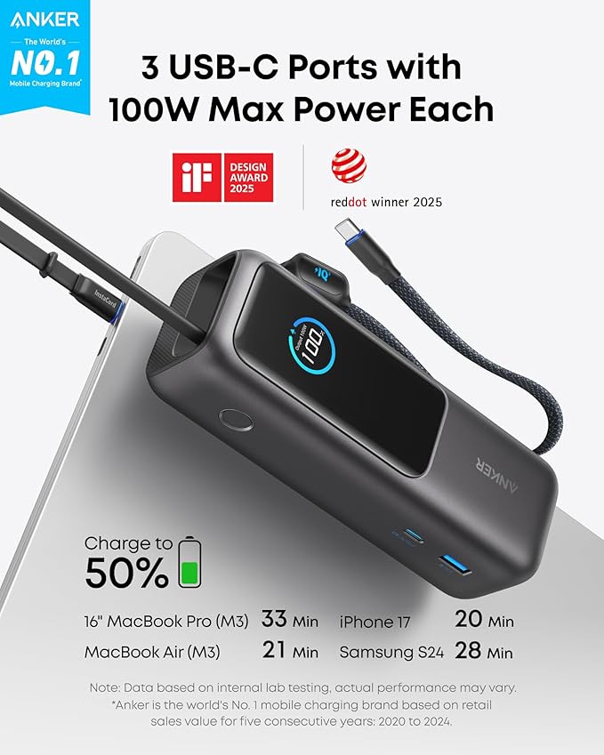 Anker Laptop Power Bank, 25,000mAh Portable Charger with Triple 100W USB-C Ports, Built-in Retractable Cables, Flight-Approved for Travel, iPhone 17/16 Series, MacBook, Samsung, and More image 2