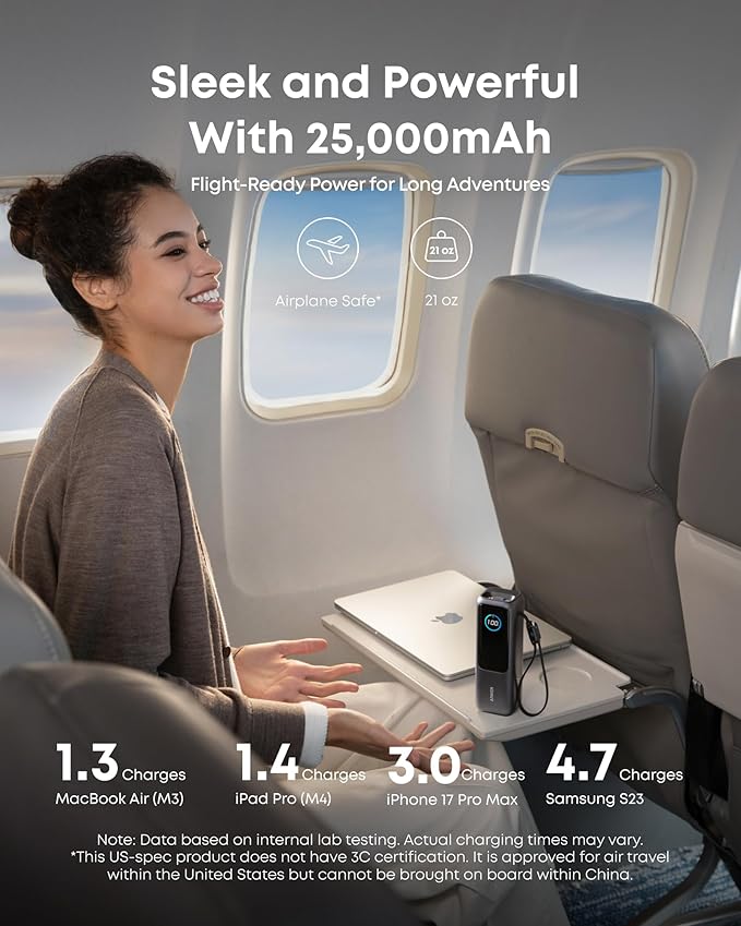Anker Laptop Power Bank, 25,000mAh Portable Charger with Triple 100W USB-C Ports, Built-in Retractable Cables, Flight-Approved for Travel, iPhone 17/16 Series, MacBook, Samsung, and More image 4