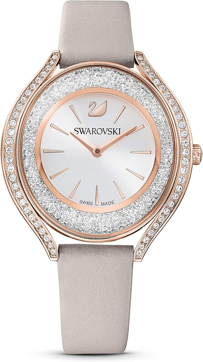 Swarovski Crystalline Aura Watch, Taupe Leather Strap, Rose-Gold Tone Finish, Clear Crystals, Swiss Made, Part of The Crystalline Watch Collection image 1