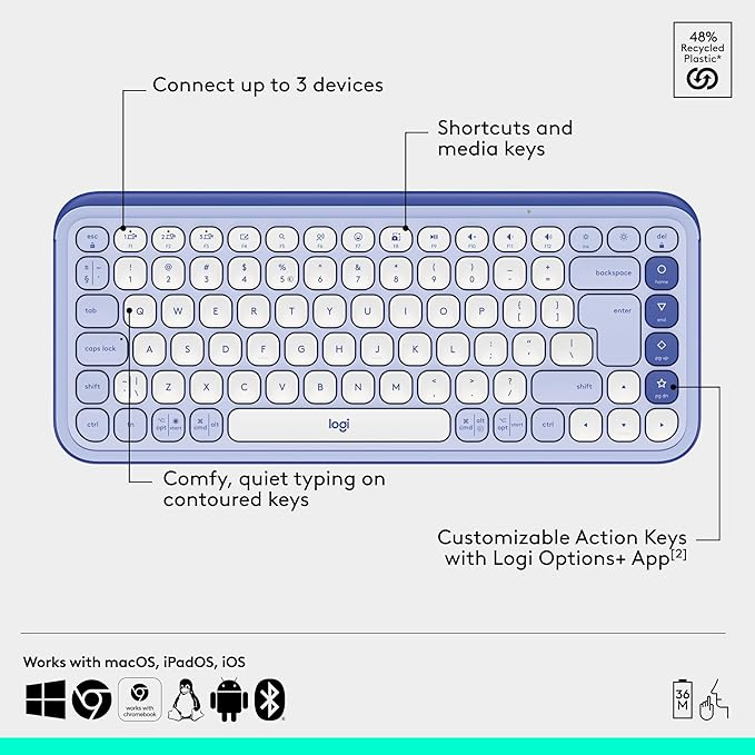 Logitech POP ICON Combo, Bluetooth Keyboard and Mouse Combo, Comfortable Typing, programmable Keys and Buttons, Quiet clicks, Easy-Switch up to 3 Devices - Lilac image 6