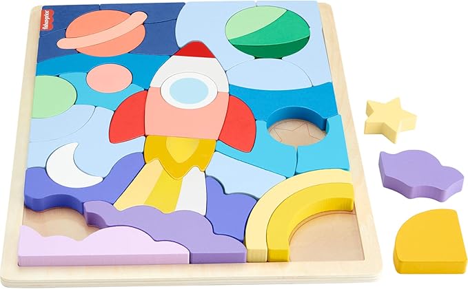Fisher-Price Wood Preschool Toy Space Blocks Jigsaw Puzzle, 42 Wooden Pieces for Stacking & Sorting Play Kids Ages 3+ Years image 4